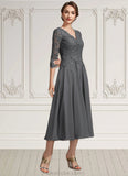 Savannah A-line V-Neck Tea-Length Chiffon Lace Mother of the Bride Dress With Beading Sequins STK126P0014702