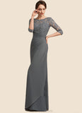 Athena Sheath/Column Scoop Neck Floor-Length Chiffon Lace Mother of the Bride Dress With Ruffle STK126P0014703