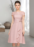 Ellie A-Line Scoop Neck Knee-Length Chiffon Lace Mother of the Bride Dress With Beading Flower(s) Sequins Cascading Ruffles STK126P0014704