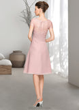 Ellie A-Line Scoop Neck Knee-Length Chiffon Lace Mother of the Bride Dress With Beading Flower(s) Sequins Cascading Ruffles STK126P0014704