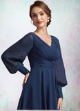 Skylar A-Line V-neck Tea-Length Chiffon Mother of the Bride Dress With Ruffle STK126P0014707