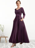 Aurora A-Line V-neck Ankle-Length Satin Mother of the Bride Dress With Pockets STK126P0014720