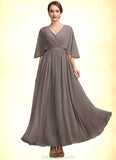 Janessa A-Line V-neck Ankle-Length Chiffon Mother of the Bride Dress With Ruffle Beading STK126P0014723