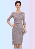 Nellie Sheath/Column Scoop Neck Knee-Length Satin Lace Mother of the Bride Dress With Beading Bow(s) STK126P0014727