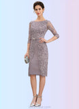 Nellie Sheath/Column Scoop Neck Knee-Length Satin Lace Mother of the Bride Dress With Beading Bow(s) STK126P0014727