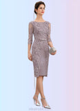 Nellie Sheath/Column Scoop Neck Knee-Length Satin Lace Mother of the Bride Dress With Beading Bow(s) STK126P0014727