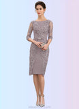 Nellie Sheath/Column Scoop Neck Knee-Length Satin Lace Mother of the Bride Dress With Beading Bow(s) STK126P0014727