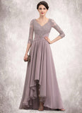 Ava A-Line V-neck Asymmetrical Chiffon Lace Mother of the Bride Dress With Sequins STK126P0014728