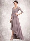 Ava A-Line V-neck Asymmetrical Chiffon Lace Mother of the Bride Dress With Sequins STK126P0014728