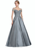 Amara A-Line V-neck Floor-Length Satin Lace Mother of the Bride Dress With Beading Sequins STK126P0014730