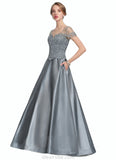 Amara A-Line V-neck Floor-Length Satin Lace Mother of the Bride Dress With Beading Sequins STK126P0014730