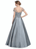 Amara A-Line V-neck Floor-Length Satin Lace Mother of the Bride Dress With Beading Sequins STK126P0014730