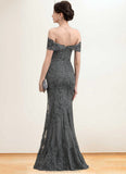 Aria Trumpet/Mermaid Off-the-Shoulder Floor-Length Tulle Lace Mother of the Bride Dress With Sequins STK126P0014731