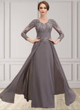 Cora A-Line V-neck Floor-Length Chiffon Lace Mother of the Bride Dress With Ruffle STK126P0014735