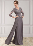 Cora A-Line V-neck Floor-Length Chiffon Lace Mother of the Bride Dress With Ruffle STK126P0014735