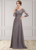 Cora A-Line V-neck Floor-Length Chiffon Lace Mother of the Bride Dress With Ruffle STK126P0014735