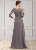 Cora A-Line V-neck Floor-Length Chiffon Lace Mother of the Bride Dress With Ruffle STK126P0014735