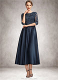 Glenda A-Line Scoop Neck Tea-Length Satin Lace Mother of the Bride Dress With Sequins STK126P0014736