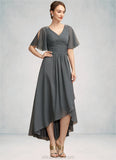 Hallie A-Line V-neck Asymmetrical Chiffon Mother of the Bride Dress With Ruffle Beading STK126P0014744