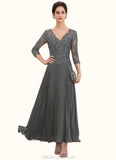 Serenity A-Line V-neck Ankle-Length Chiffon Lace Mother of the Bride Dress With Sequins Pleated STK126P0014745