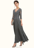 Serenity A-Line V-neck Ankle-Length Chiffon Lace Mother of the Bride Dress With Sequins Pleated STK126P0014745