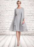 Kinsley A-Line Scoop Neck Knee-Length Chiffon Mother of the Bride Dress With Beading Cascading Ruffles STK126P0014751