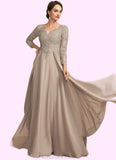 Lily A-Line V-neck Floor-Length Chiffon Lace Mother of the Bride Dress STK126P0014754