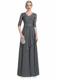 Xiomara A-Line V-neck Floor-Length Chiffon Lace Mother of the Bride Dress With Beading Sequins Cascading Ruffles STK126P0014756