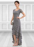 Lauryn A-Line Scoop Neck Asymmetrical Chiffon Lace Mother of the Bride Dress With Cascading Ruffles STK126P0014757