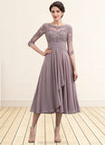 Scarlett A-Line Scoop Neck Tea-Length Chiffon Lace Mother of the Bride Dress With Cascading Ruffles STK126P0014780