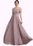 Gabriella A-Line Off-the-Shoulder Floor-Length Chiffon Lace Mother of the Bride Dress With Beading Sequins STK126P0014785