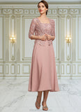 Lucy A-Line Square Neckline Tea-Length Chiffon Lace Mother of the Bride Dress With Beading Sequins STK126P0014789