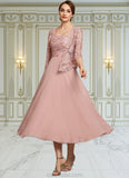 Lucy A-Line Square Neckline Tea-Length Chiffon Lace Mother of the Bride Dress With Beading Sequins STK126P0014789