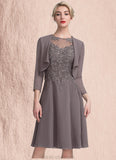 Angelica A-Line Scoop Neck Knee-Length Chiffon Lace Mother of the Bride Dress STK126P0014790