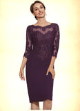 Jean Sheath/Column Scoop Neck Knee-Length Chiffon Lace Mother of the Bride Dress With Beading STK126P0014794