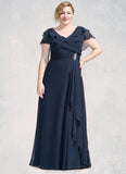 Aurora A-Line V-neck Floor-Length Chiffon Mother of the Bride Dress With Crystal Brooch Cascading Ruffles STK126P0014796