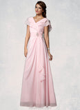 Aurora A-Line V-neck Floor-Length Chiffon Mother of the Bride Dress With Crystal Brooch Cascading Ruffles STK126P0014796