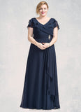 Aurora A-Line V-neck Floor-Length Chiffon Mother of the Bride Dress With Crystal Brooch Cascading Ruffles STK126P0014796