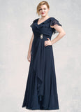 Aurora A-Line V-neck Floor-Length Chiffon Mother of the Bride Dress With Crystal Brooch Cascading Ruffles STK126P0014796