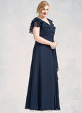 Aurora A-Line V-neck Floor-Length Chiffon Mother of the Bride Dress With Crystal Brooch Cascading Ruffles STK126P0014796