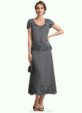 Gertrude A-Line Scoop Neck Tea-Length Chiffon Lace Mother of the Bride Dress With Sequins STK126P0014800