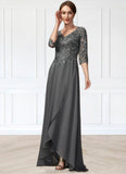 Maureen A-Line V-neck Asymmetrical Chiffon Lace Mother of the Bride Dress With Sequins STK126P0014803