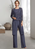 Penny Jumpsuit/Pantsuit Scoop Neck Floor-Length Chiffon Lace Mother of the Bride Dress With Sequins STK126P0014805