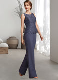 Penny Jumpsuit/Pantsuit Scoop Neck Floor-Length Chiffon Lace Mother of the Bride Dress With Sequins STK126P0014805