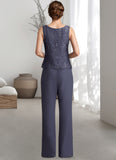 Penny Jumpsuit/Pantsuit Scoop Neck Floor-Length Chiffon Lace Mother of the Bride Dress With Sequins STK126P0014805