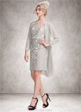 Kamari Sheath/Column Scoop Neck Knee-Length Chiffon Lace Mother of the Bride Dress With Beading Sequins STK126P0014811