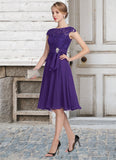 Ruby A-Line Scoop Neck Knee-Length Chiffon Lace Mother of the Bride Dress With Beading STK126P0014814