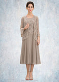 Rylee A-Line Scoop Neck Tea-Length Chiffon Lace Mother of the Bride Dress With Sequins STK126P0014816