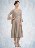 Rylee A-Line Scoop Neck Tea-Length Chiffon Lace Mother of the Bride Dress With Sequins STK126P0014816