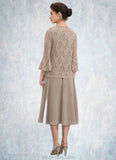 Rylee A-Line Scoop Neck Tea-Length Chiffon Lace Mother of the Bride Dress With Sequins STK126P0014816